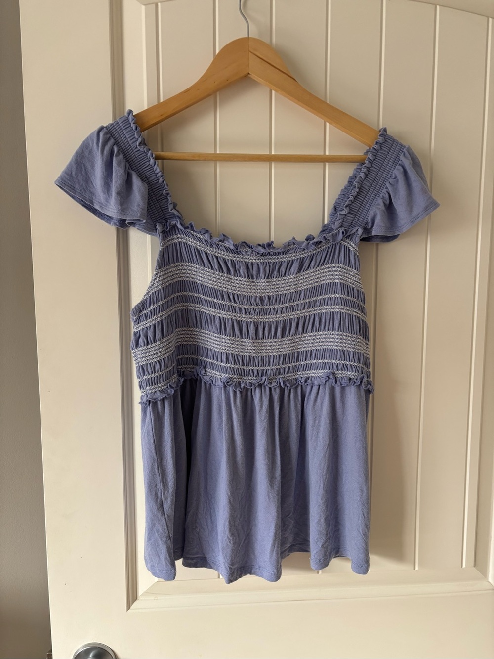 Cupio Smocked Peplum Top Blue Puff Sleeve Babydoll Blouse Size L